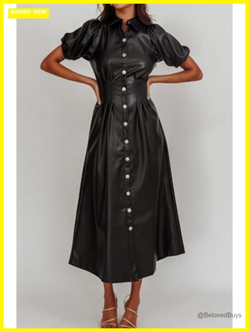 Women's Faux Leather Pleated A-Line Midi Dress - Short Sleeve - Picture 2 of 4